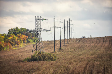 Fototapeta premium Autumn landscape: field, forest and power line