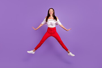 Fototapeta na wymiar Profile photo of sporty carefree dream lady jump run wear white blouse pants sneakers isolated purple color background