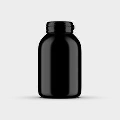 Realistic plastic black bottle pharmaceutical 3D rendering object isolated with white background