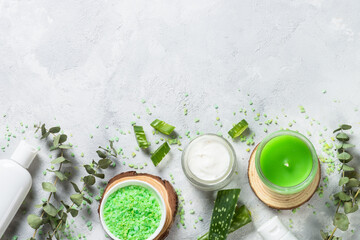 Natural cosmetic with aloe vera and eucalyptus. Face cream, tonic, serum and sea salt and fresh aloe leaves. Top view with copy space.