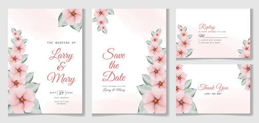 Romantic watercolor wedding invitation card set with beautiful flower and leaves Premium Vector

