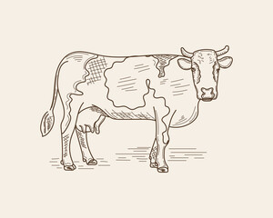 Drawing, engraving, ink, line art, vector illustration cow milk farm concept village sketch in silhouette on a white background.