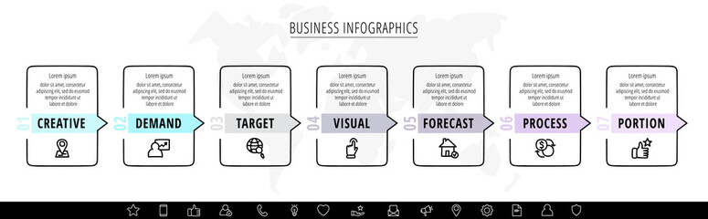 Line vector infographics with seven rectangles. Square chart process template with arrows. Modern timeline for company or corporate business project, presentation, web, diagram, content
