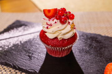 cheesecake strawberrie, sweet mascarpone dessert cake close-up.