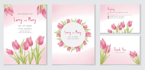 watercolor Wedding invitation card set with beautiful tulip flower