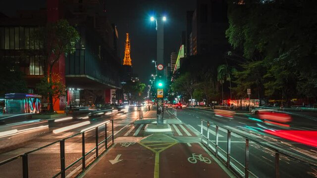 Timelapse view of night traffic on Paulista Avenue (Portuguese: Avenida Paulista) in Sao Paulo, the business and financial centre of Brazil and largest city in South America.