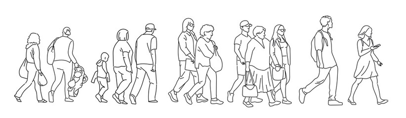 One line drawing of urban residents walking on city street. Group of different people walking city background. Casual townspeople crosses the road in one way hand drawn vector illustration - Powered by Adobe