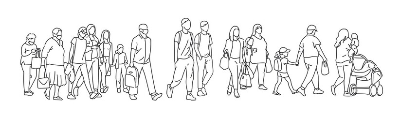 One line drawing of urban residents walking on city street. Group of different people walking city background. Casual townspeople crosses the road in one way hand drawn vector illustration
