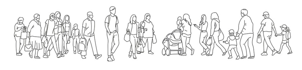 Fototapeta na wymiar One line drawing of urban residents walking on city street. Group of different people walking city background. Casual townspeople crosses the road in one way hand drawn vector illustration