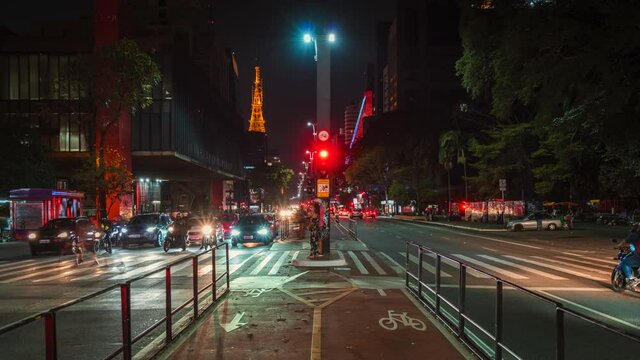Timelapse view of night traffic on Paulista Avenue (Portuguese: Avenida Paulista) in Sao Paulo, the business and financial centre of Brazil and largest city in South America. 