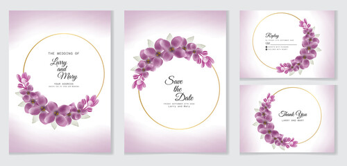 Beautiful purple floral frame Wedding invitation card template set with watercolor