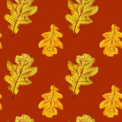 Seamless pattern of oak leaves drawn by markers on brick background. For fabric, sketchbook, wallpaper, wrapping paper.