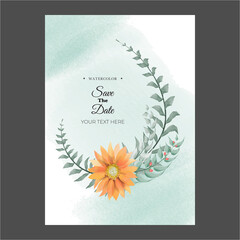 Elegant greenery Watercolor creamy wedding invitation card template set with golden floral decoration. Floral poster, invite. decorative greeting card succulent and branches, save the date, thank you