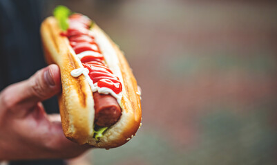 man holds fresh hot dog with ketchup in hands. Street food, fast food.