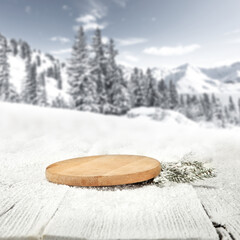Pedestal of free space and winter ladnscape of mountains. 