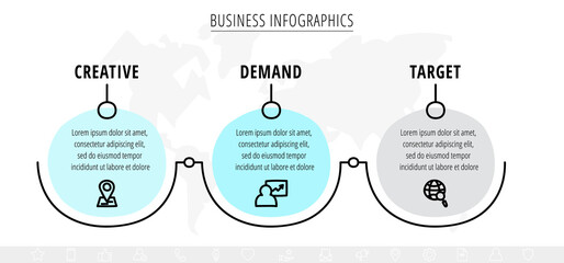 Business vector infographics with three circles. Hand drawn timeline visualization with 3 steps for diagram, flowchart, banner, presentations, web, content, levels, chart, graphic
