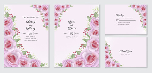 Watercolor wedding invitation template set with rose and leaves Premium Vector
