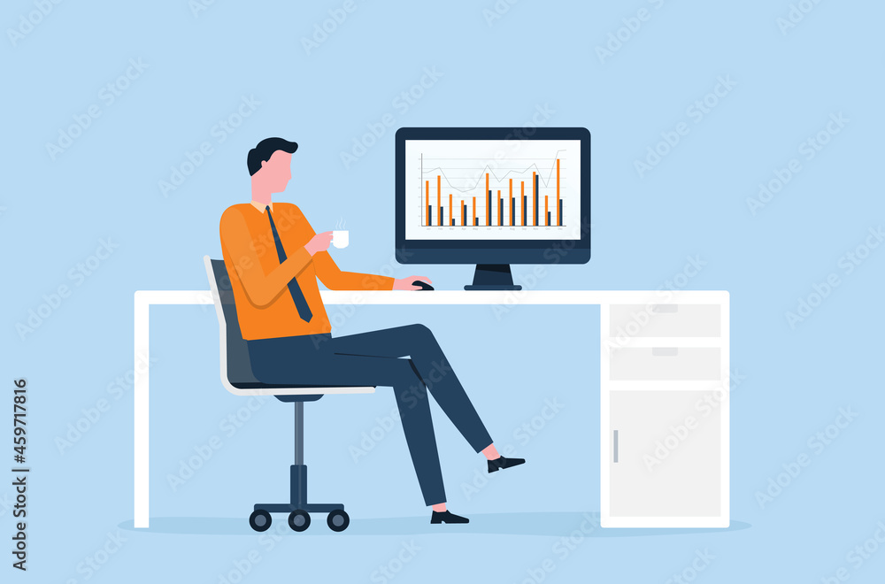 Aufkleber Flat Business people working on computer concept and business people analytics and monitoring investment and finance report graph on monitor concept