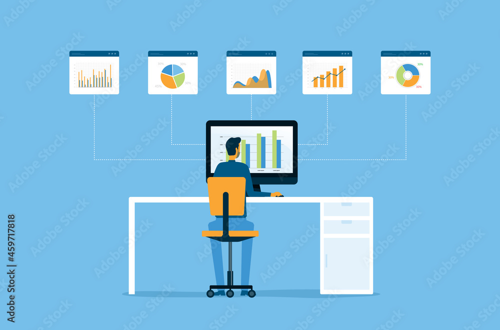 Poster Flat vector business man working online and business data analytic on graph report monitor and finance investment planning concept