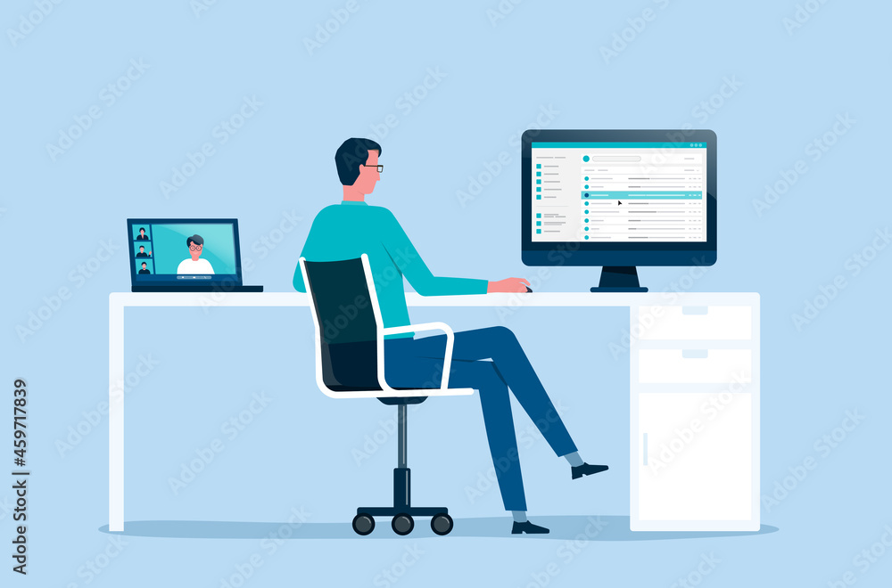 Poster flat vector businessman working from home office workplace concept and business technology smart wor