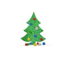 Green Christmas tree cut from sisal with multi-colored toy balls on and under the tree on a white background. christmas or new year card. Place to add your text. Graphic element