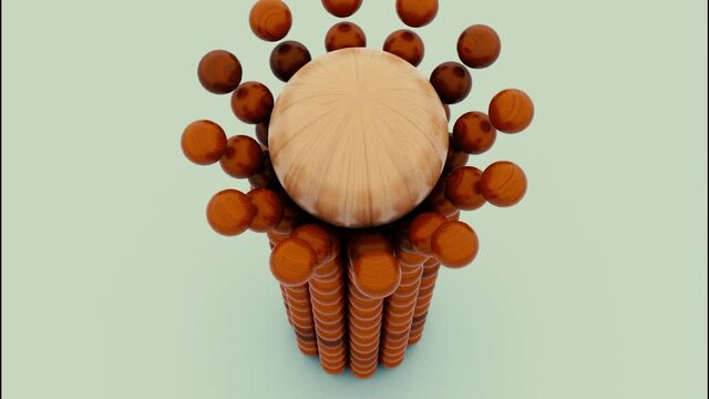 Small brown wooden spheres collect around a light beige ball and rising up in a shape of a pillar. Design. Creating a column from small spheres.