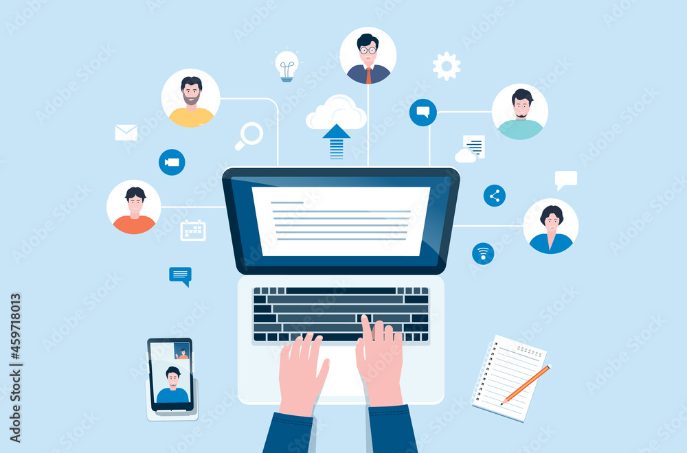 Poster business people team connecting online video conference connect for meeting remote working and busin