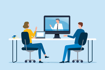 Group business team video conference meeting online concept. flat vector illustration cartoon character design concept