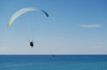 Paragliding over the beach. Turkey, Alanya.