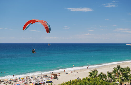 Paragliding over the beach. Turkey, Alanya.