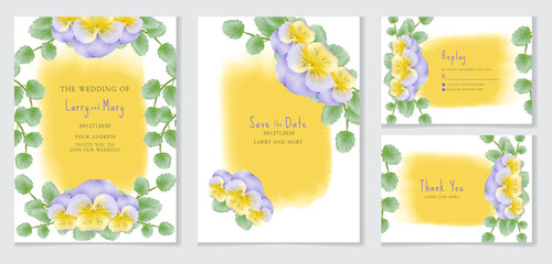  Watercolor pansy flower wedding invitation template set with leaves
