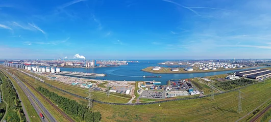 Papier Peint photo Lavable Rotterdam Aerial panorama from industry in the harbor from Rotterdam in the Netherlands