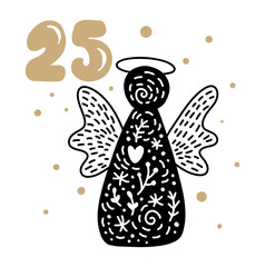 Winter vector Illustration of nordic angel. Twenty-four days before holiday, twenty fifth Day. Christmas Advent calendar with cute scandinavian hand drawn