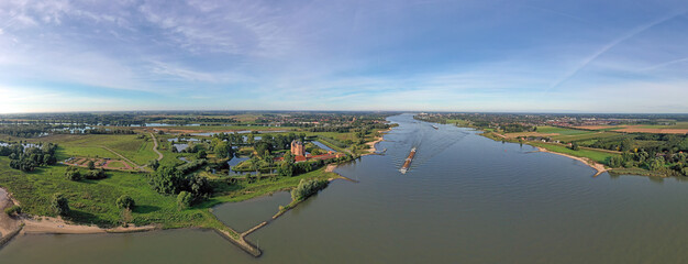 Aerial panorama from castle Loevestein and the river Merwede in the Netherlands