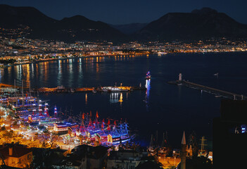 Fototapeta premium View of the port and harbor at night. Turkey, Alanya.