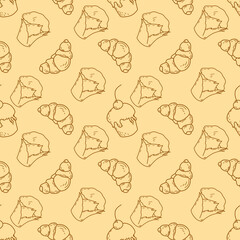 Seamless pattern of buns, croissants, cupcakes. A linear drawing. For the design and printing of postcards, posters, invitations and other creative ideas.