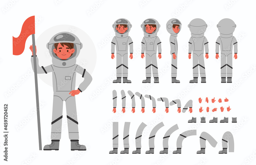 Poster cute kid dressed as astronaut. character constructor for animation. front, side and back view. body 
