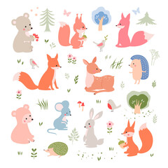 Vector collection of forest animals: fox, bear, deer, squirrel, rabbit, hedgehog, mouse. Cute cartoon animalistic characters. - 459720435