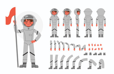 Cute kid dressed as astronaut. Character constructor for animation. Front, side and back view. Body parts and postures collection. Flat cartoon vector illustration isolated. © Irina Strelnikova