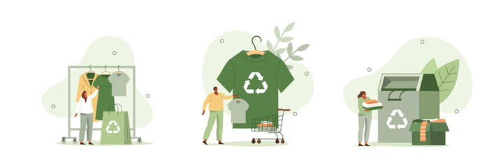 People characters buying recycling textile and sorting old clothes in recycling can. Recycle  and sustainable fashion concept. Flat cartoon vector illustration and icons set. - obrazy, fototapety, plakaty