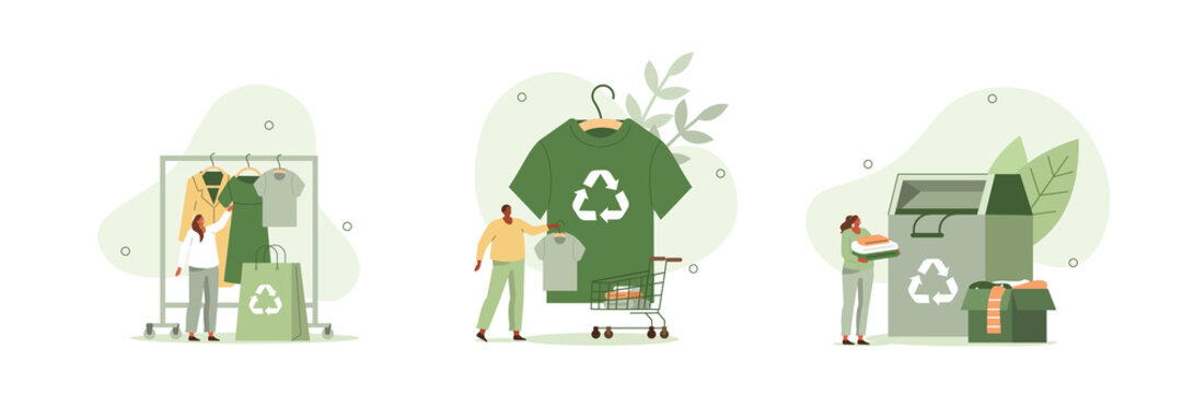 People characters buying recycling textile and sorting old clothes in recycling can. Recycle  and sustainable fashion concept. Flat cartoon vector illustration and icons set.