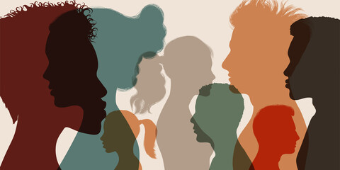 Psychology and psychiatry concept. Silhouette heads faces in profile of multiethnic and multicultural people.Psychological therapy.Patients under treatment.Team community.Diversity people - obrazy, fototapety, plakaty