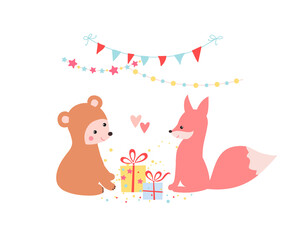 Illustration with cute bear, fox and gifts. Vector cartoon animalistic characters isolated on white background. Birthday party. - 459721608