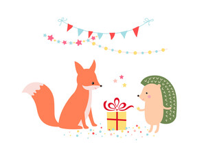 Illustration with cute fox, hedgehog and gift. Vector cartoon animalistic characters isolated on white background. Birthday party. - 459722013