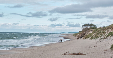 Fototapeta na wymiar Beautiful seascape with waves, sandy beach and cloudy sky. Couple walking along water's edge.