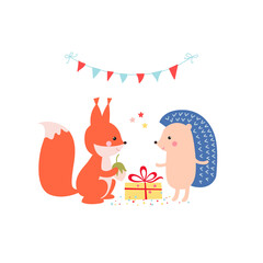 Illustration with cute squirrel, hedgehog and gift. Vector cartoon animalistic characters isolated on white background. Birthday party. - 459722607