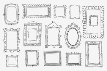 Vintage photo frame in doodle style. Vector hand drawn set with picture frames
