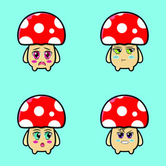 Set Cute mushroom icon face expression. mushroom  vector icon on blue background cartoon icon illustration design isolated flat cartoon style