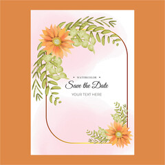 Elegant greenery Watercolor creamy wedding invitation card template set with golden floral decoration. Floral poster, invite. decorative greeting card succulent and branches, save the date, thank you