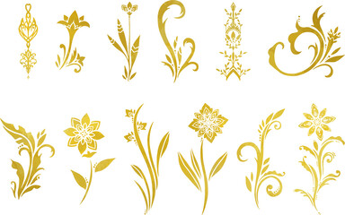 手描きのゴールドのツタ模様セット　ベクター素材